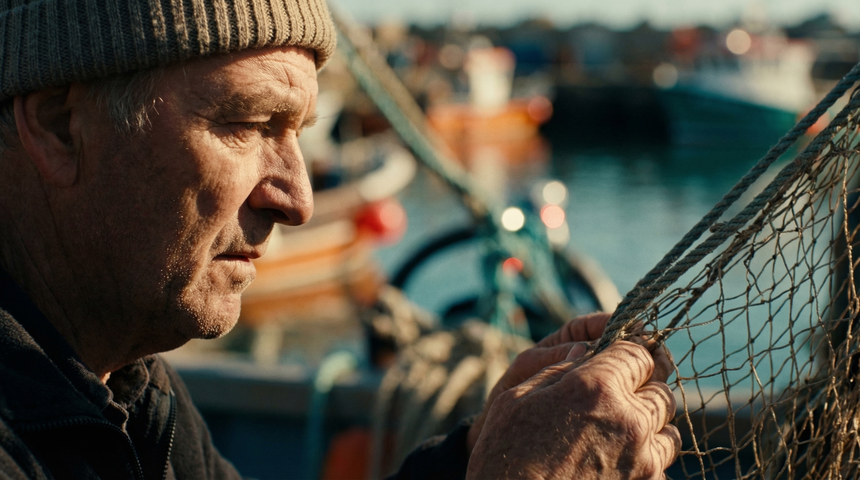 A fisherman mends his nets in the harbor