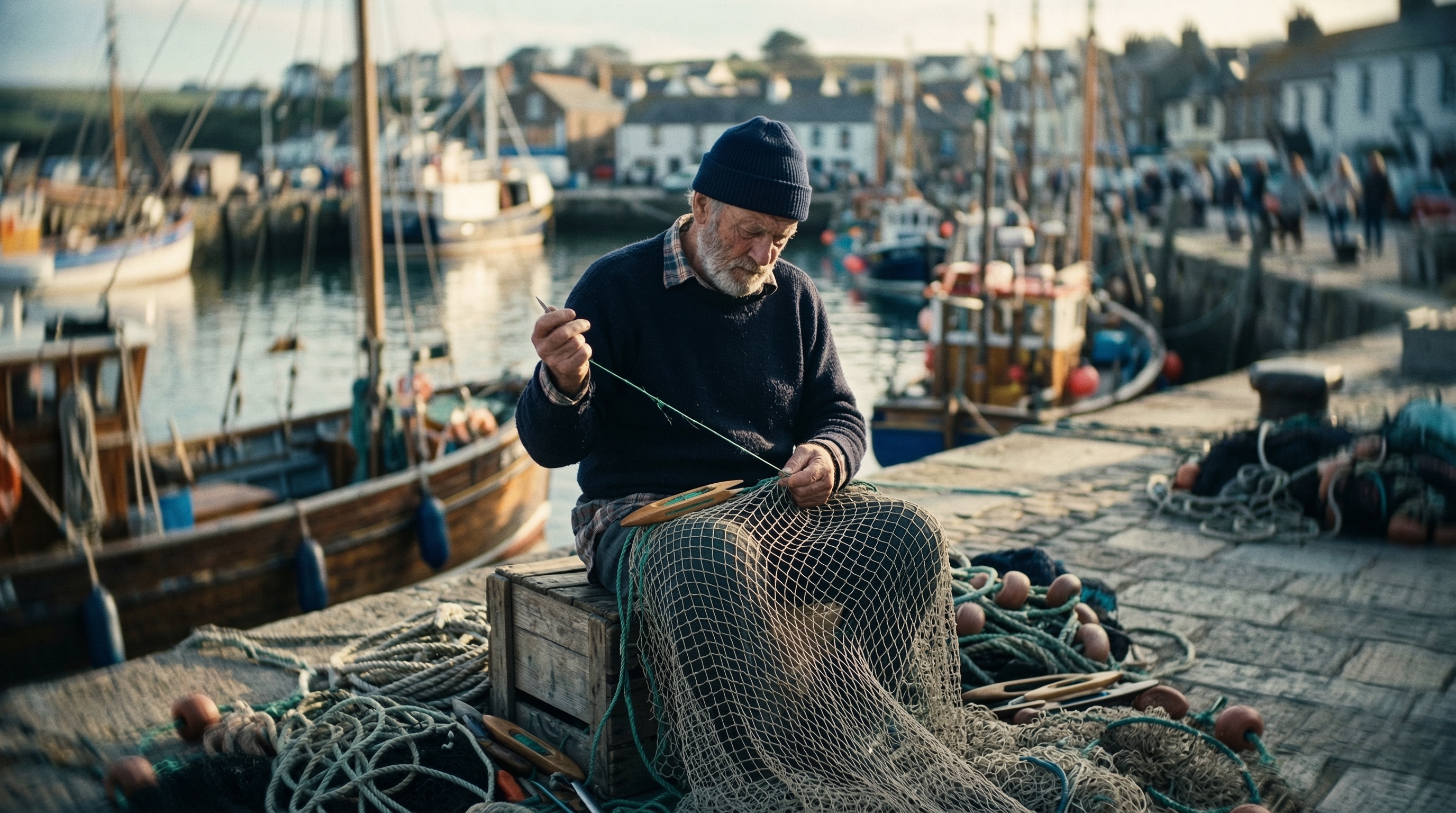 A fisherman mends his nets in the harbor on a sunny morning