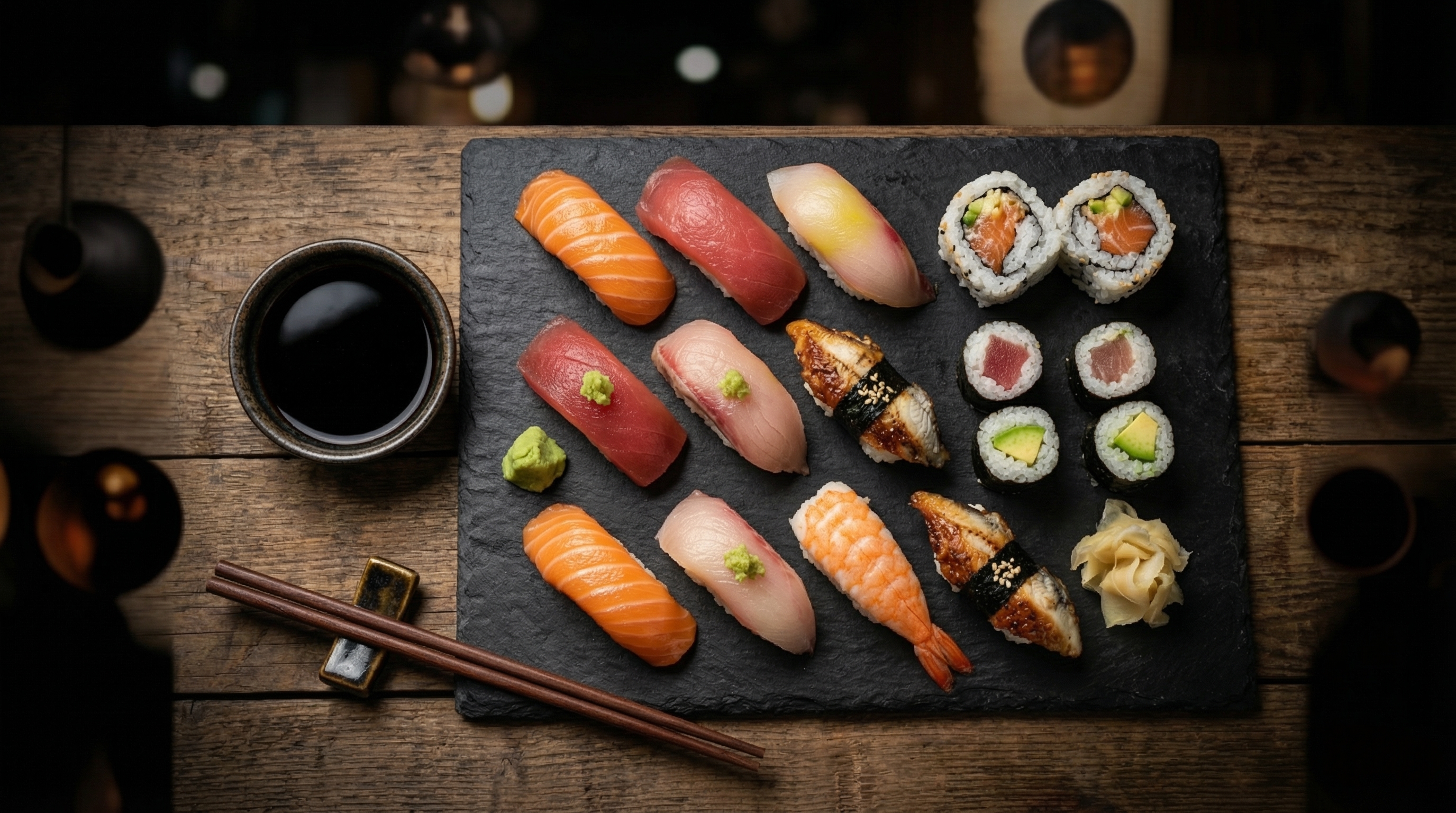 A fresh sushi platter arranged on a black slate board