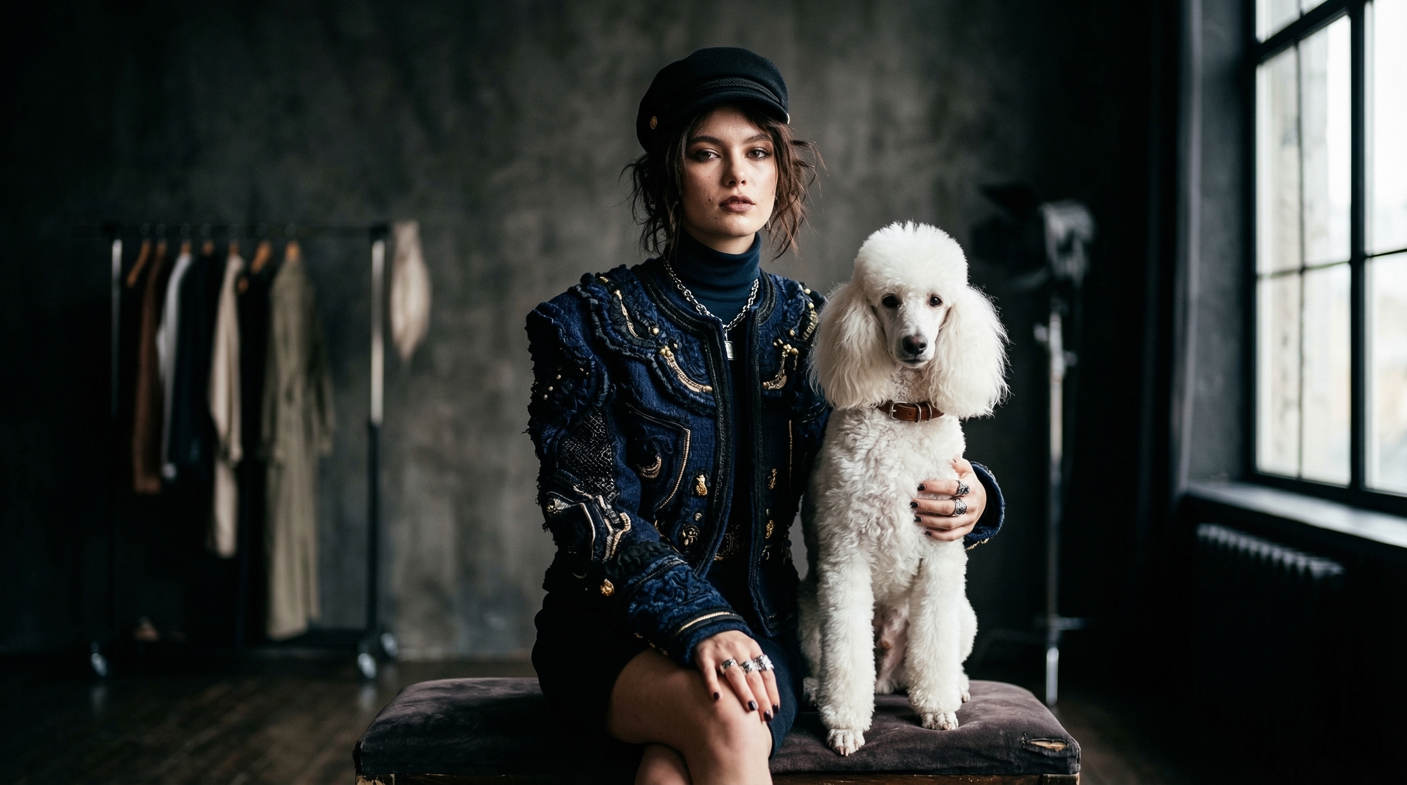 A girl poses in a studio with her white poodle