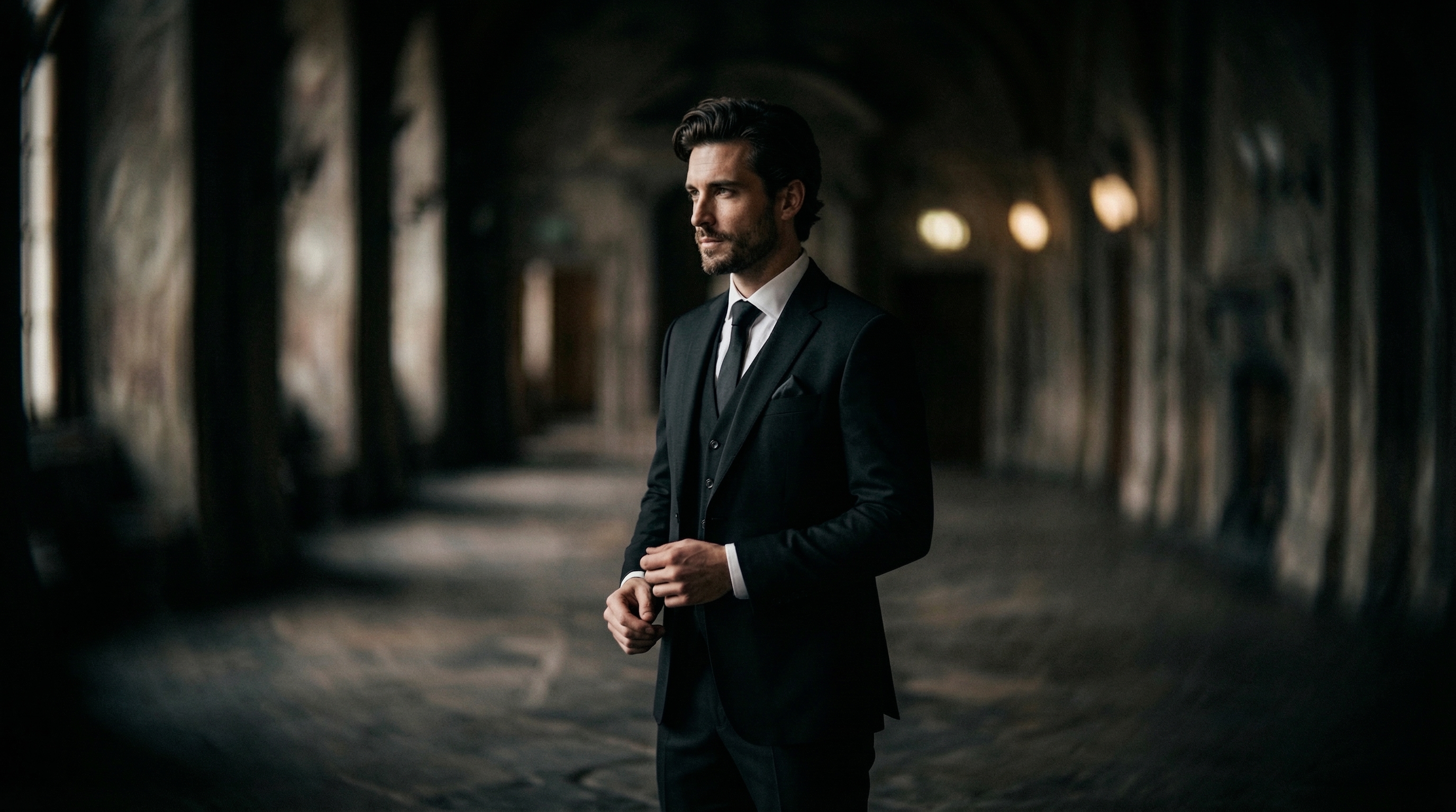 A male model in a tailored black suit