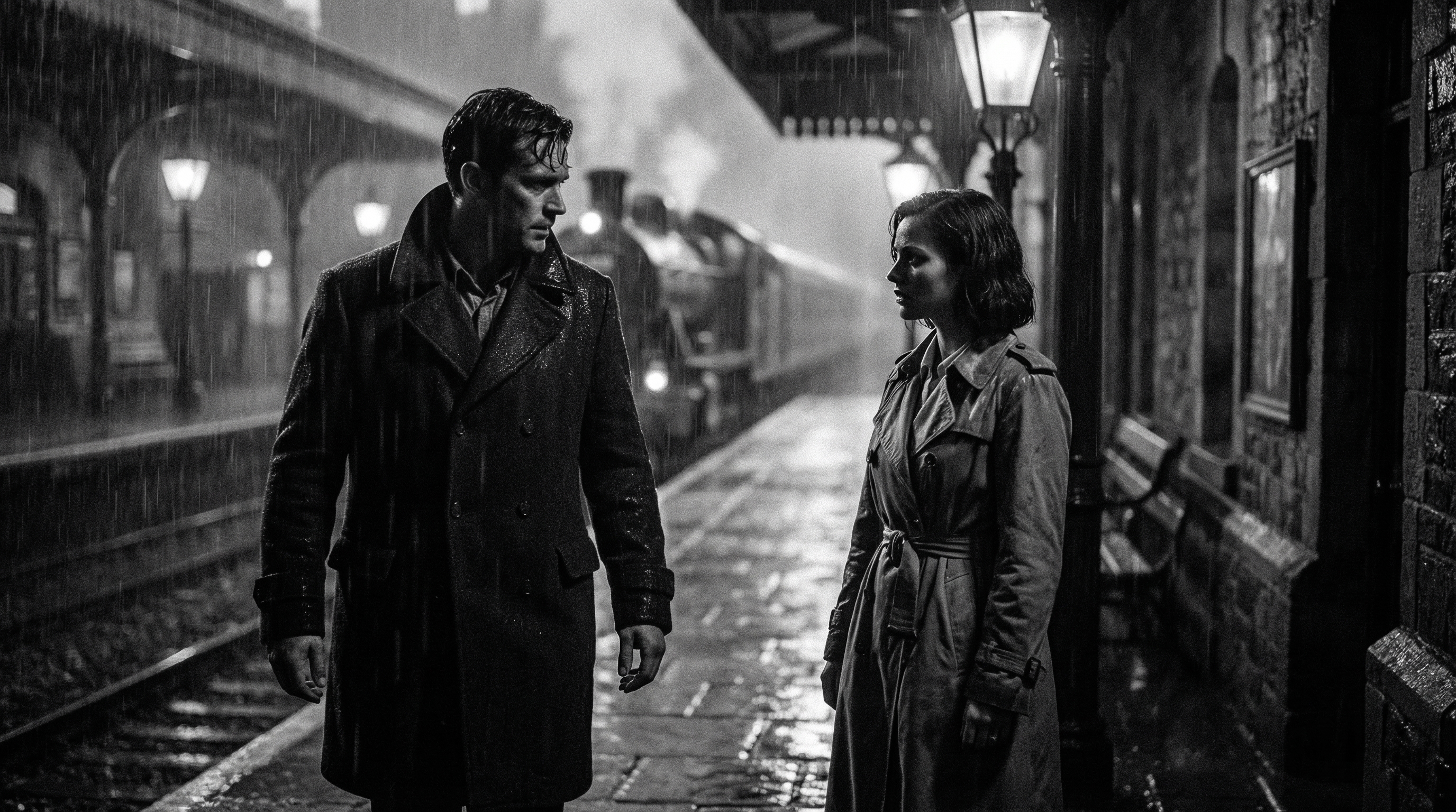 A man in a long black coat walks toward a woman standing on a rainy station platform
