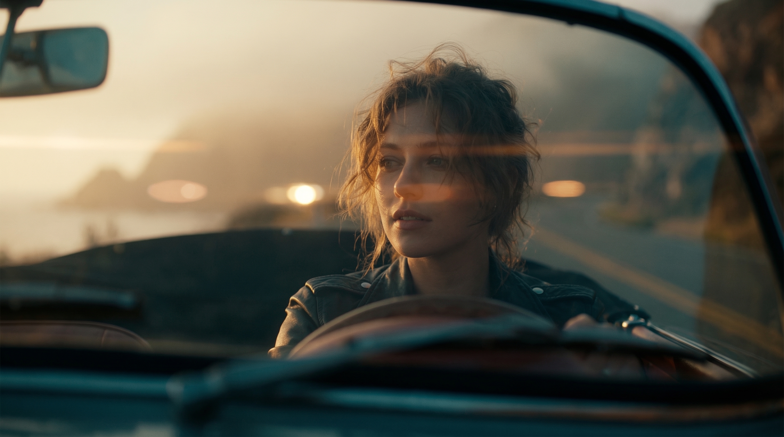 A woman driving a convertible on a coastal road