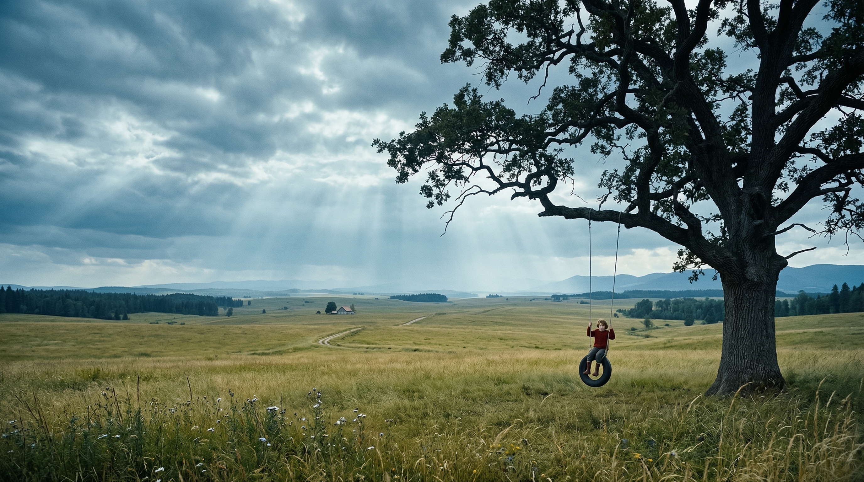 A child on a tire swing under a big oak tree in an open field