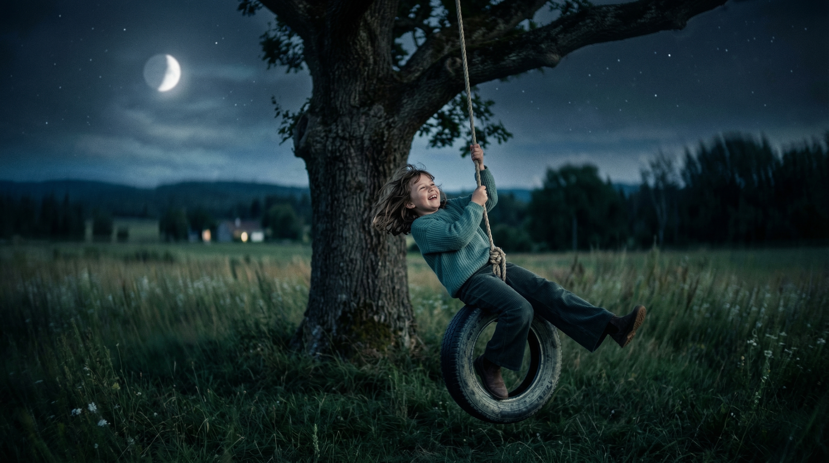 A child on a tire swing in an open field