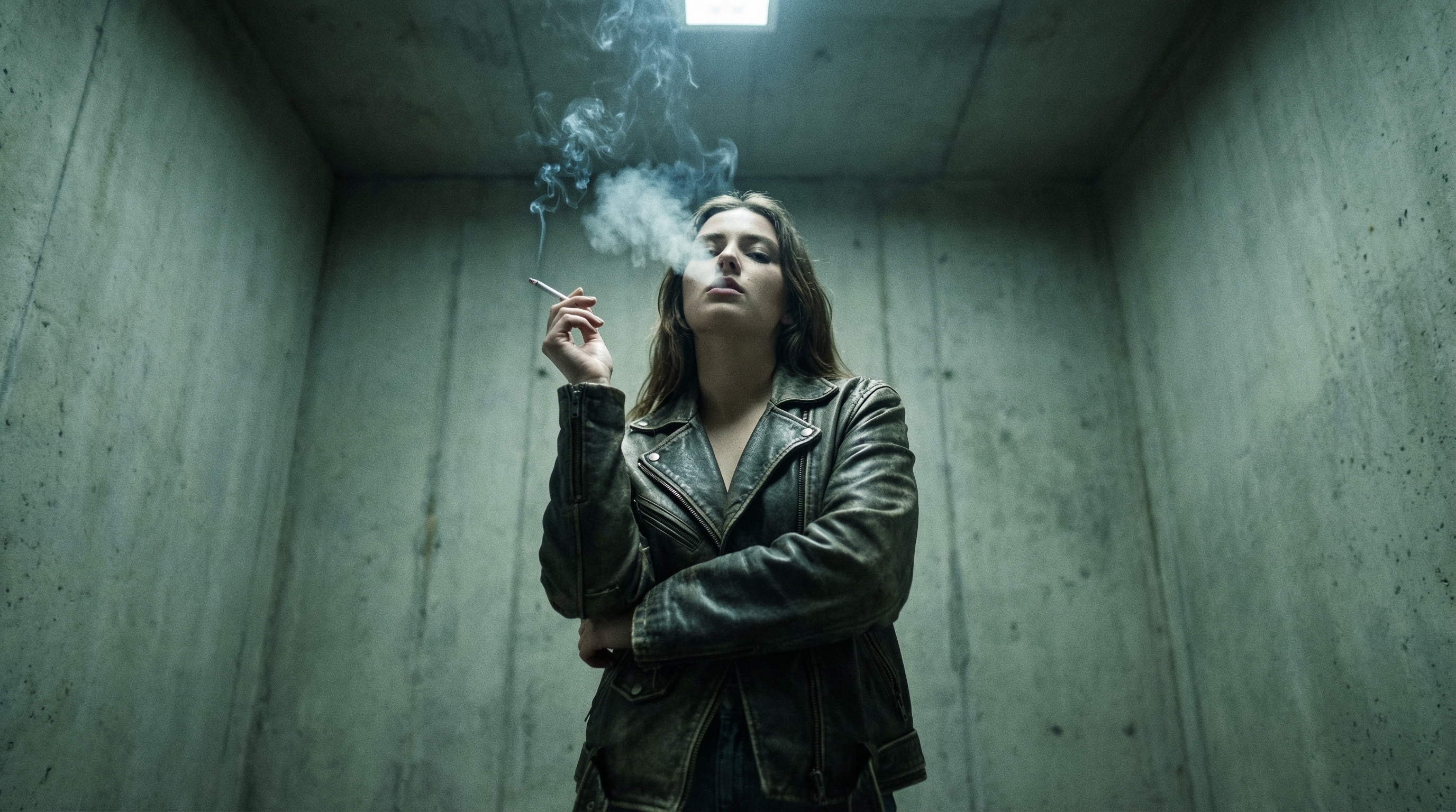 A woman smoking in a concrete corridor