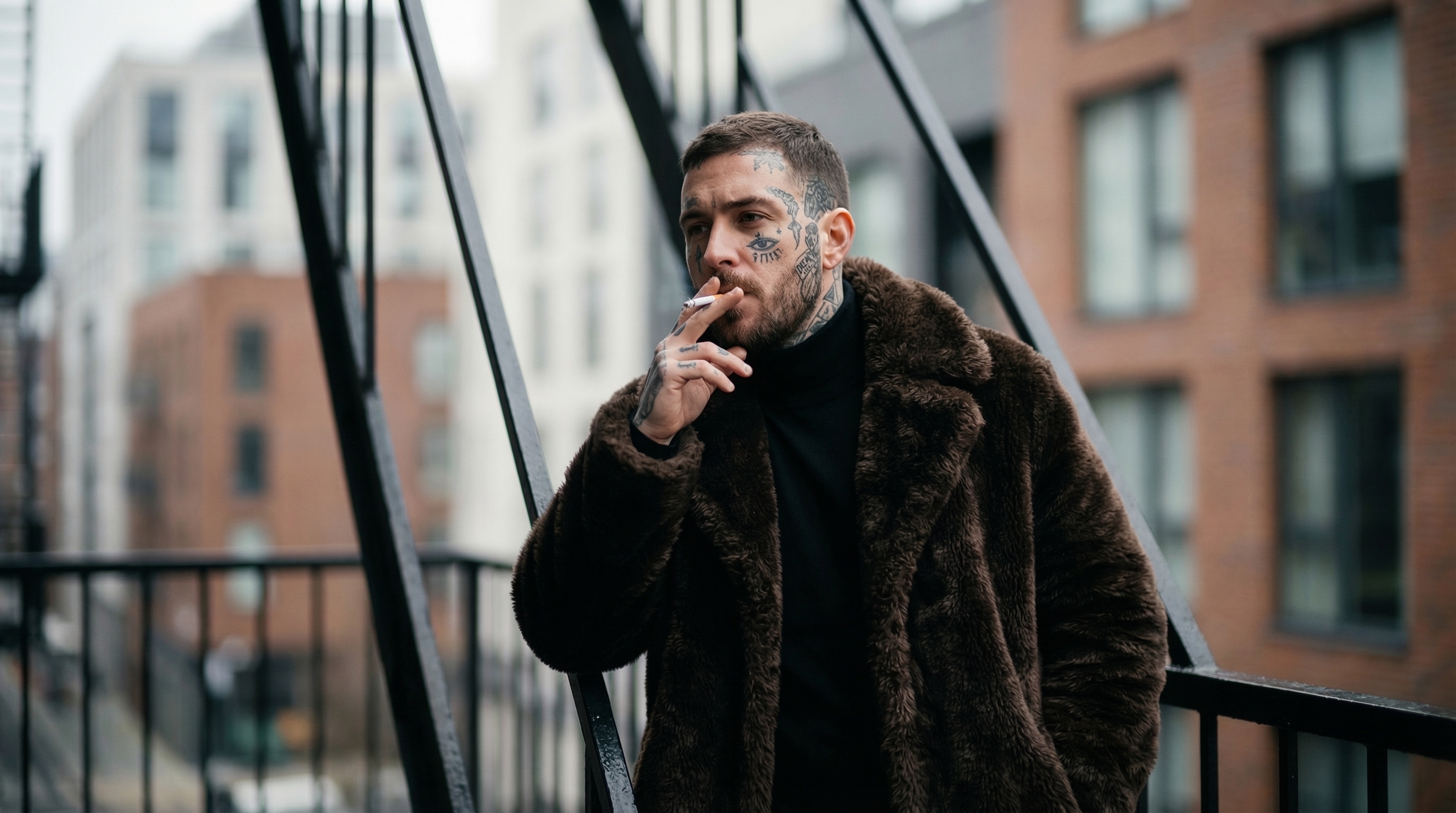 Man with face tattoos in a fur coat smoking on a fire escape
